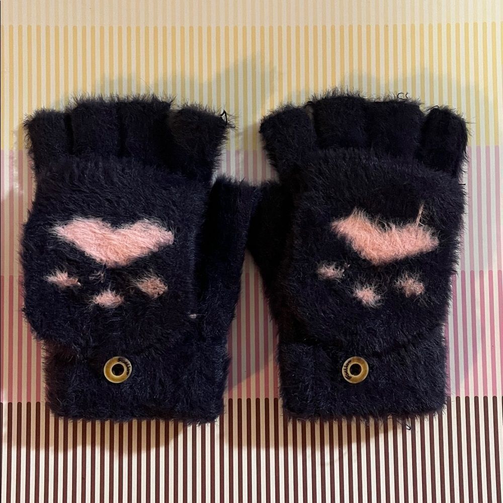 Navy and Pink Cozy Fingerless Gloves with Paw Print
